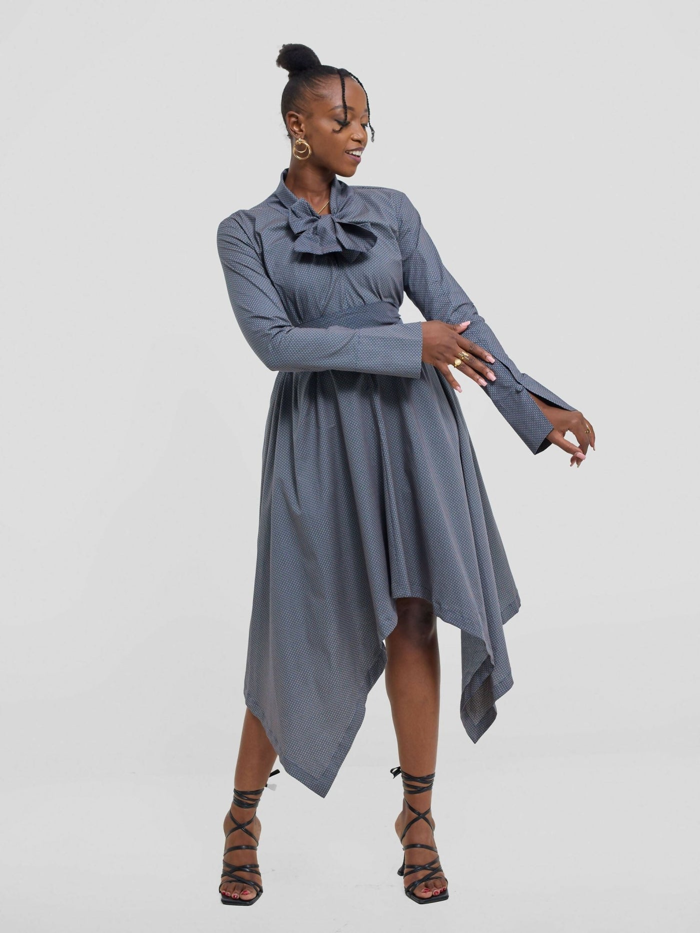 The Textile Loft Handkerchief Dress - Beige / Blue Print - Shopzetu