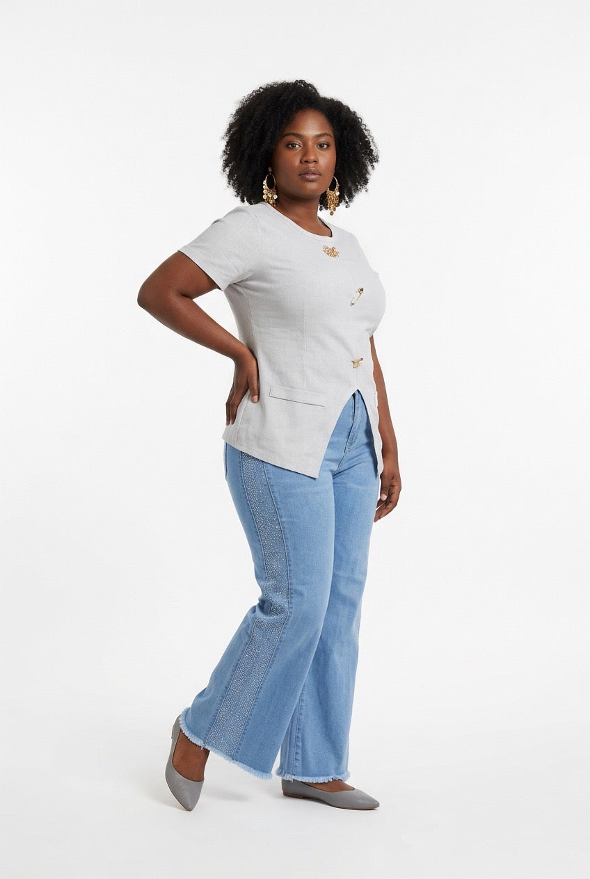 Stylish Sisters Crew Neck Gold Button Detailed Slit Top - White