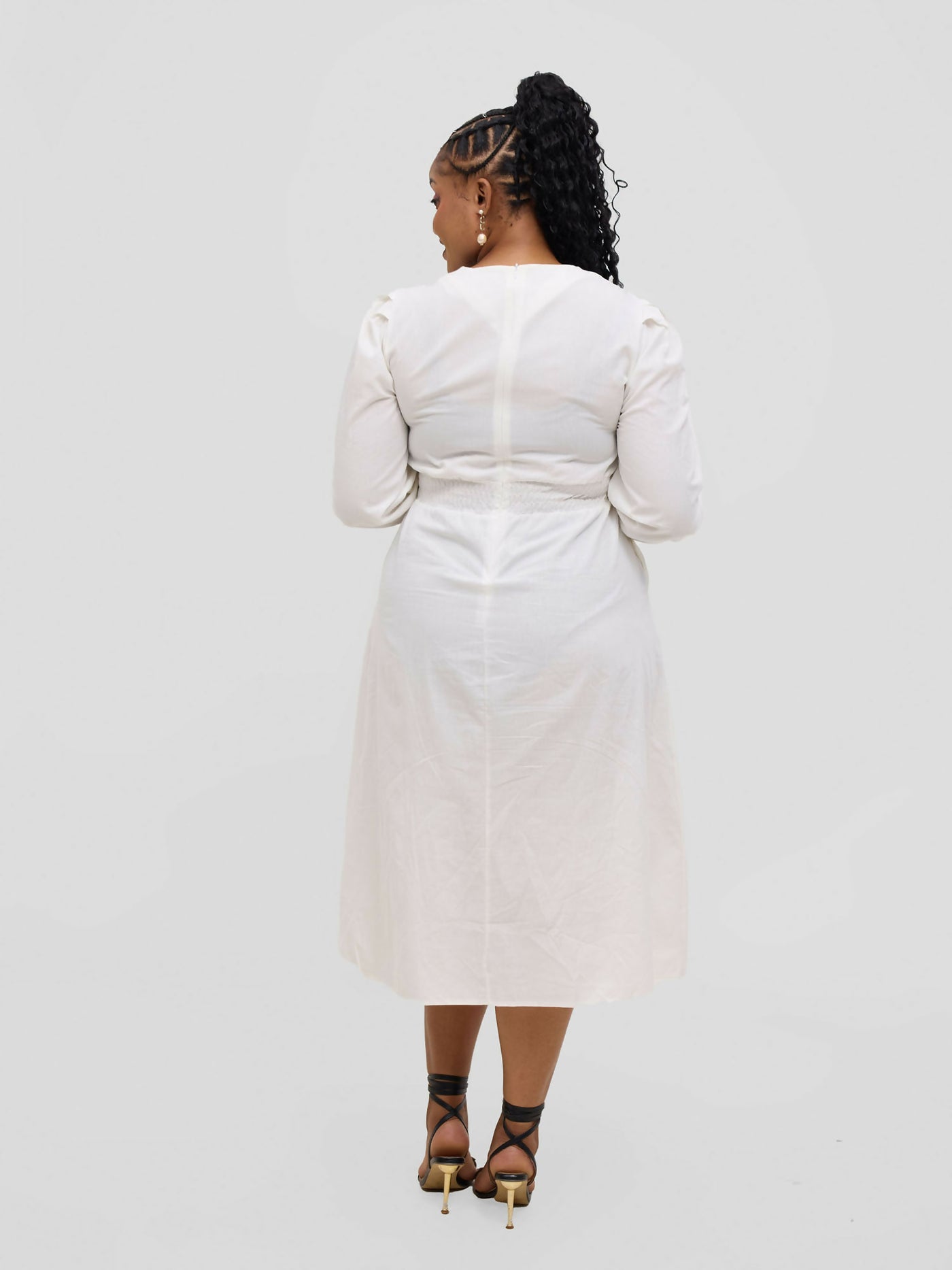 Hessed Round Neck Aline Long Sleeved Dress - White - Shopzetu