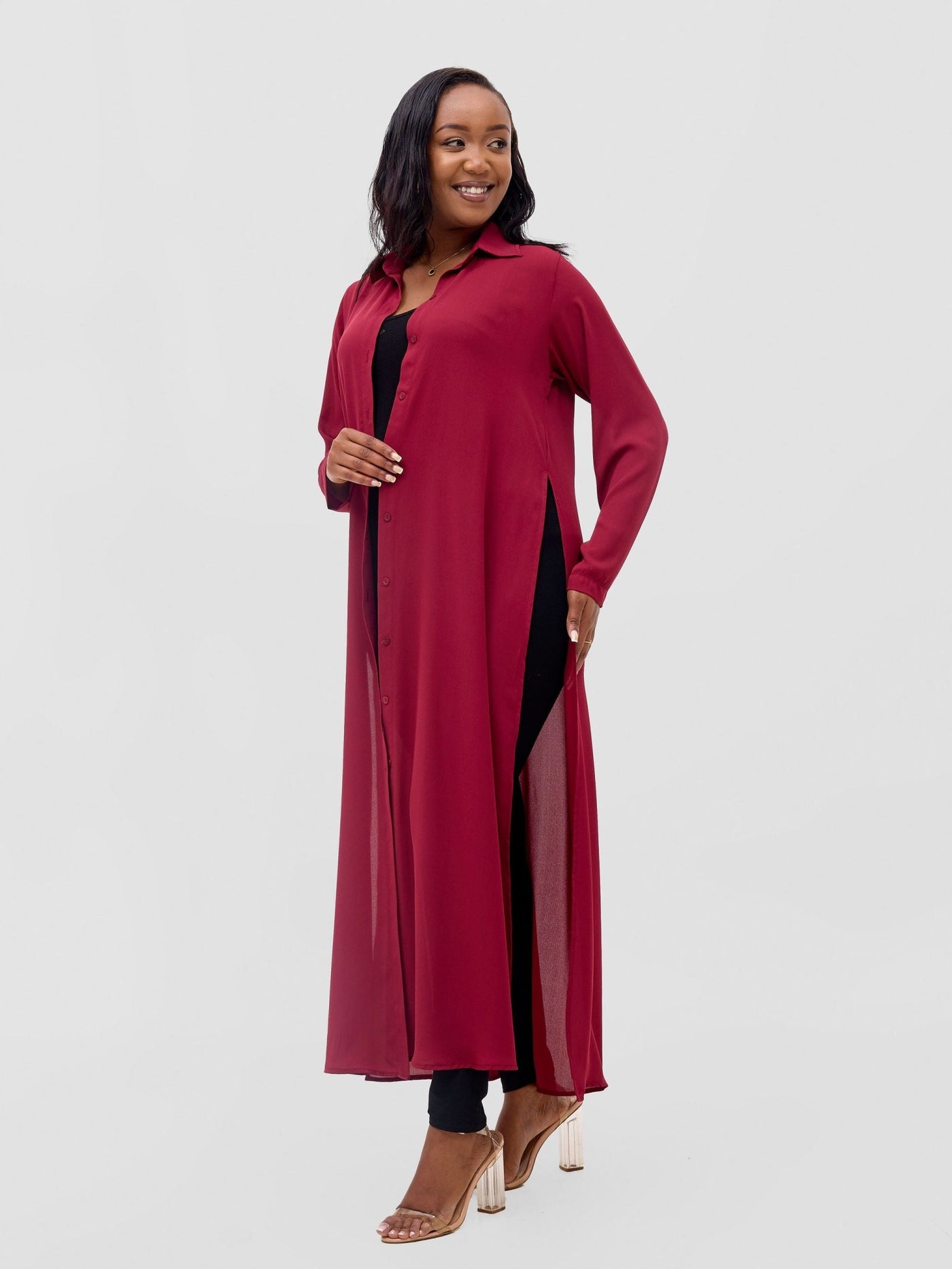 Vivo Wena High Slit Maxi Shirt - Burgundy - Shopzetu