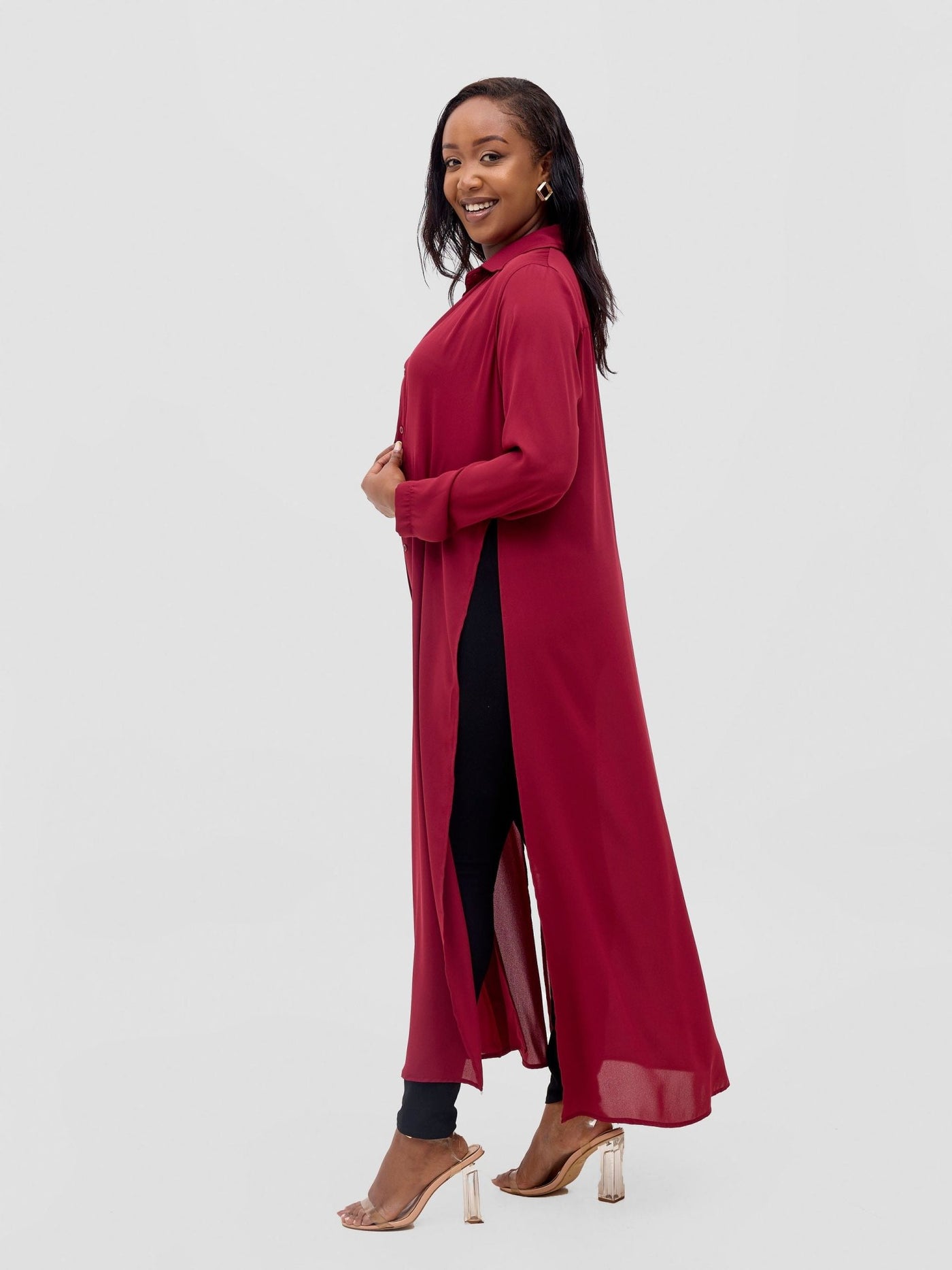 Vivo Wena High Slit Maxi Shirt - Burgundy - Shopzetu