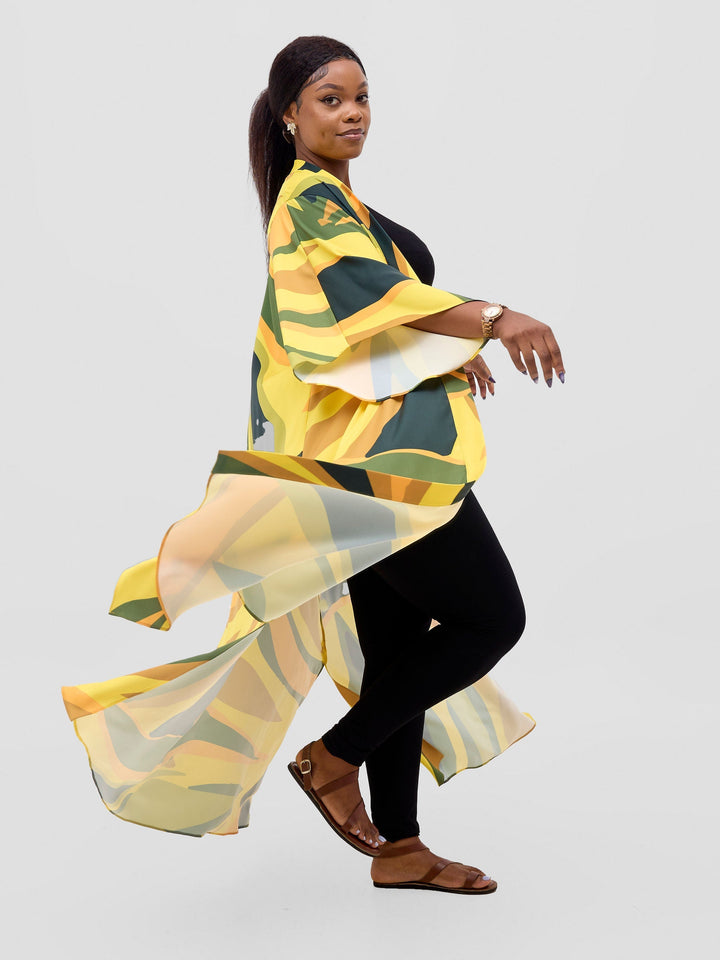 Vivo Kelemi Flared Sleeve Kimono - Yellow / Green Lana Print