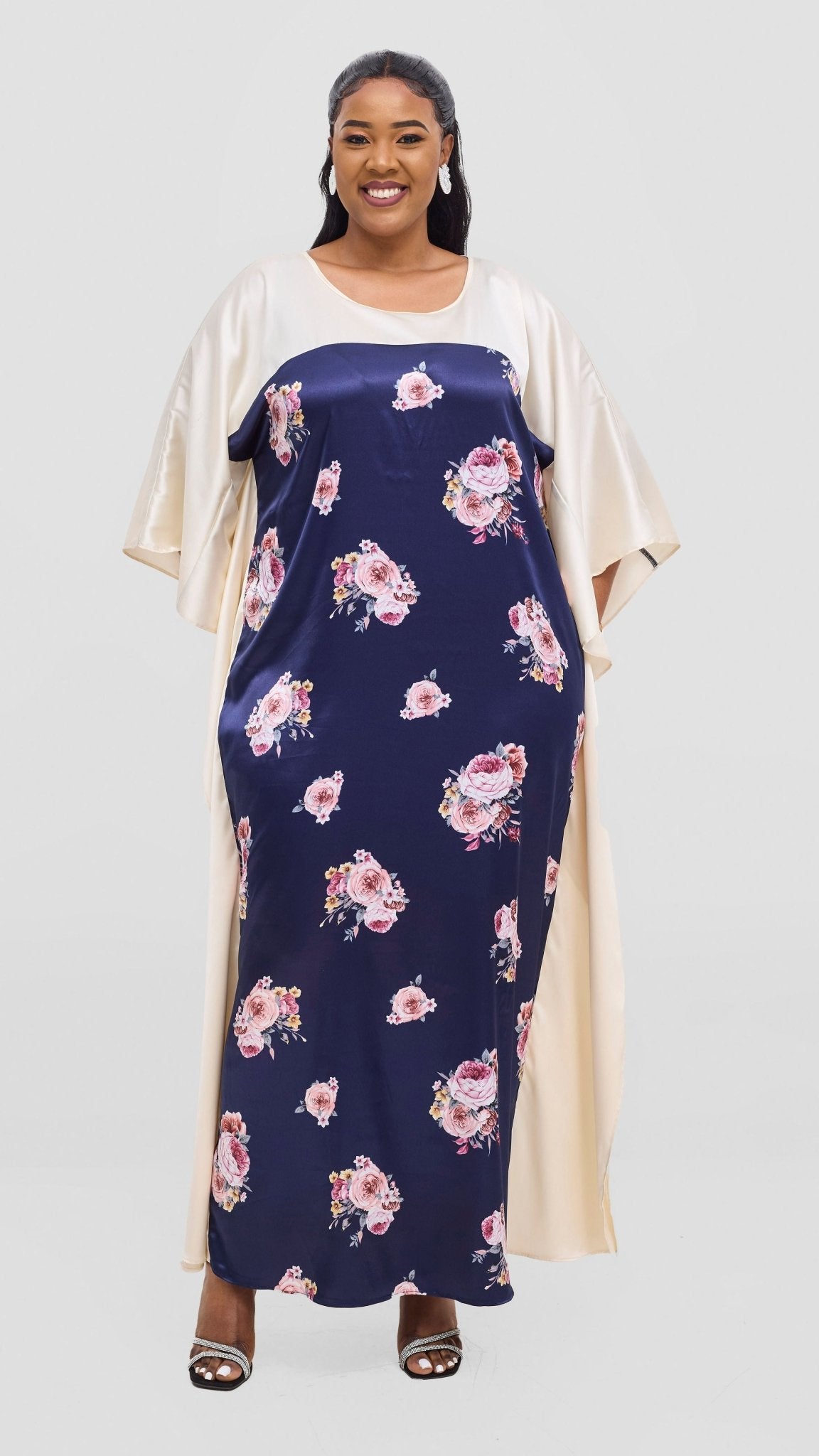 Vivo Keza Satin Border Maxi Kaftan - Navy / Pink Print - Shopzetu