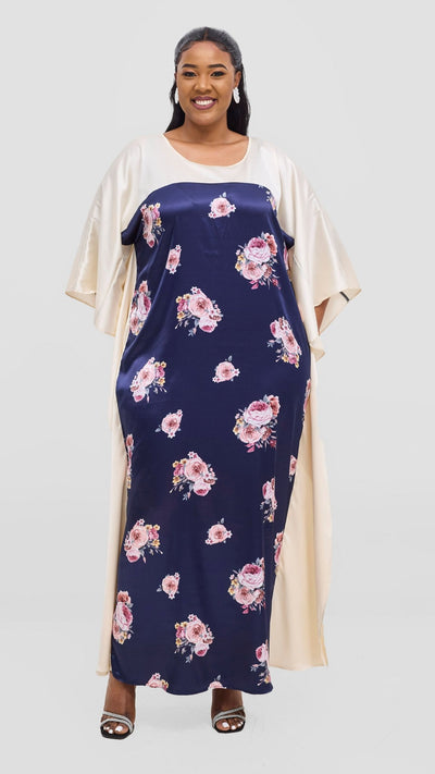 Vivo Keza Satin Border Maxi Kaftan - Navy / Pink Print - Shopzetu