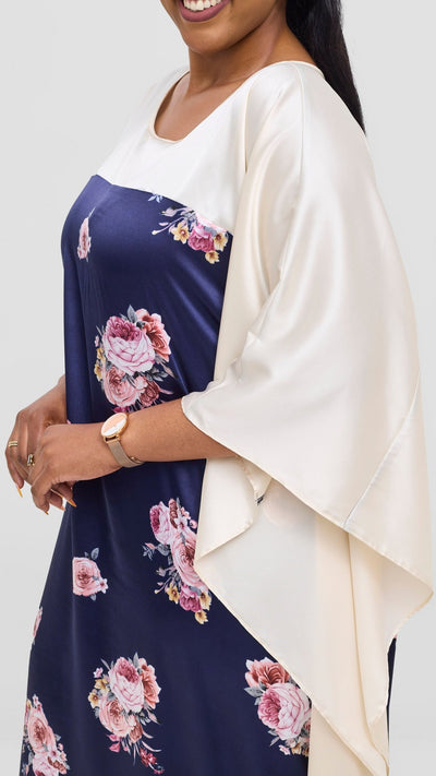 Vivo Keza Satin Border Maxi Kaftan - Navy / Pink Print - Shopzetu