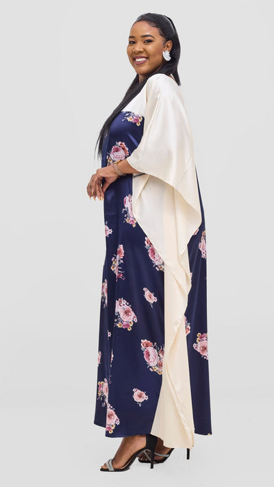 Vivo Keza Satin Border Maxi Kaftan - Navy / Pink Print - Shopzetu