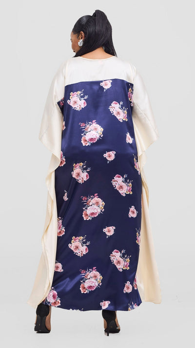 Vivo Keza Satin Border Maxi Kaftan - Navy / Pink Print - Shopzetu