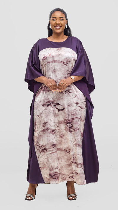 Vivo Keza Satin Border Maxi Kaftan - Beige / Purple Print - Shopzetu