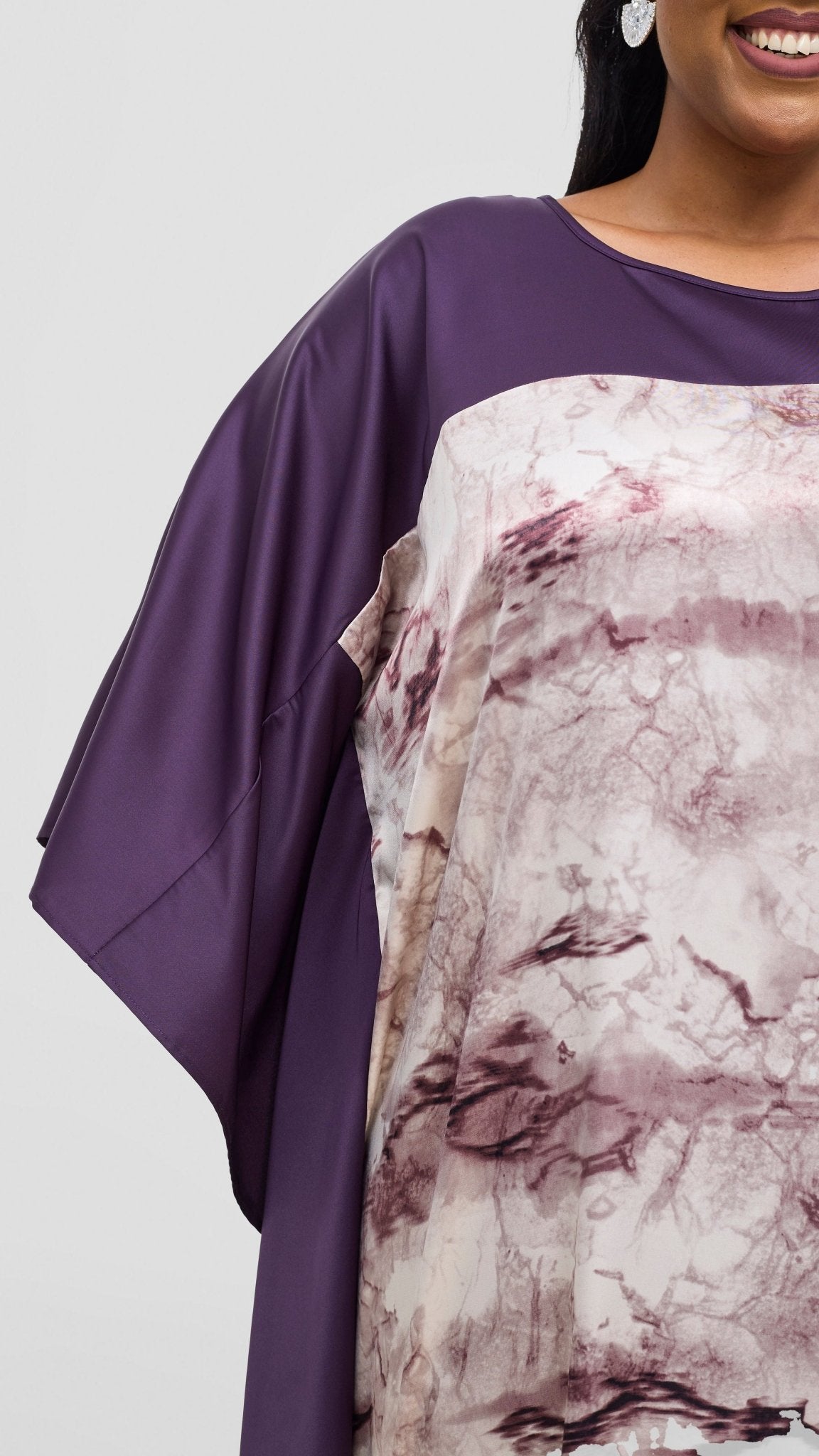 Vivo Keza Satin Border Maxi Kaftan - Beige / Purple Print - Shopzetu