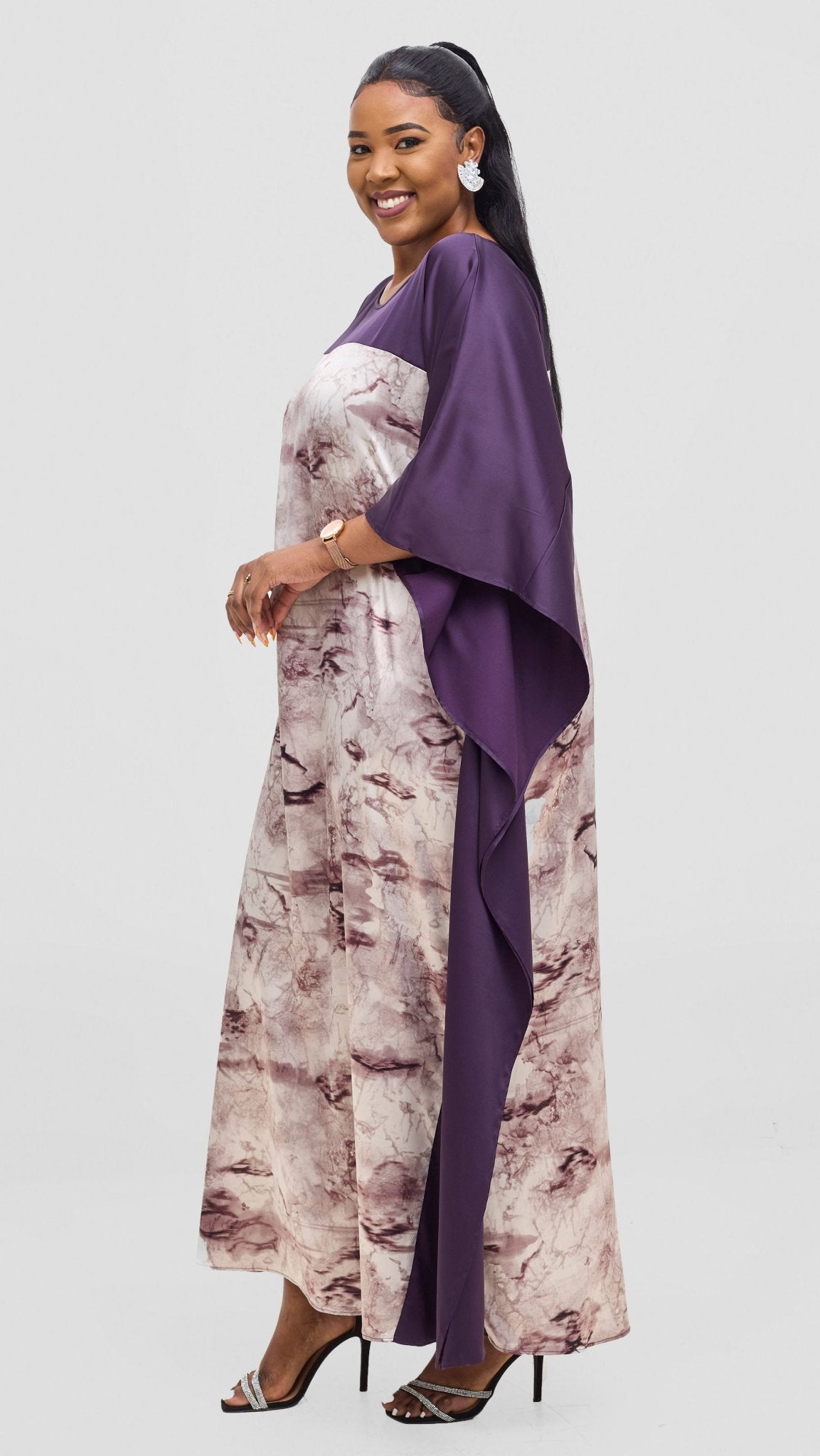 Vivo Keza Satin Border Maxi Kaftan - Beige / Purple Print - Shopzetu