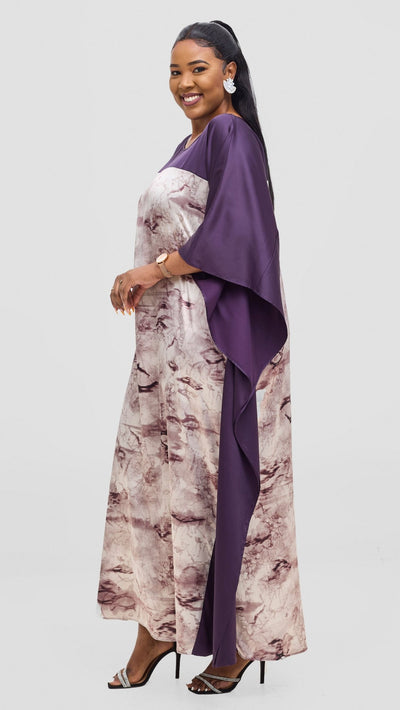 Vivo Keza Satin Border Maxi Kaftan - Beige / Purple Print - Shopzetu