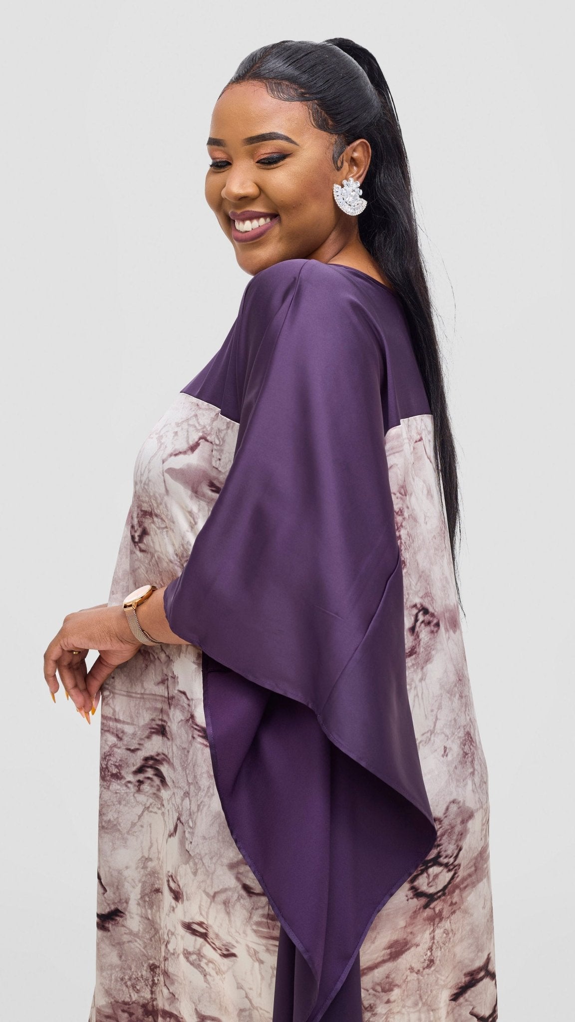 Vivo Keza Satin Border Maxi Kaftan - Beige / Purple Print - Shopzetu