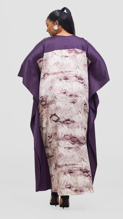 Vivo Keza Satin Border Maxi Kaftan - Beige / Purple Print - Shopzetu