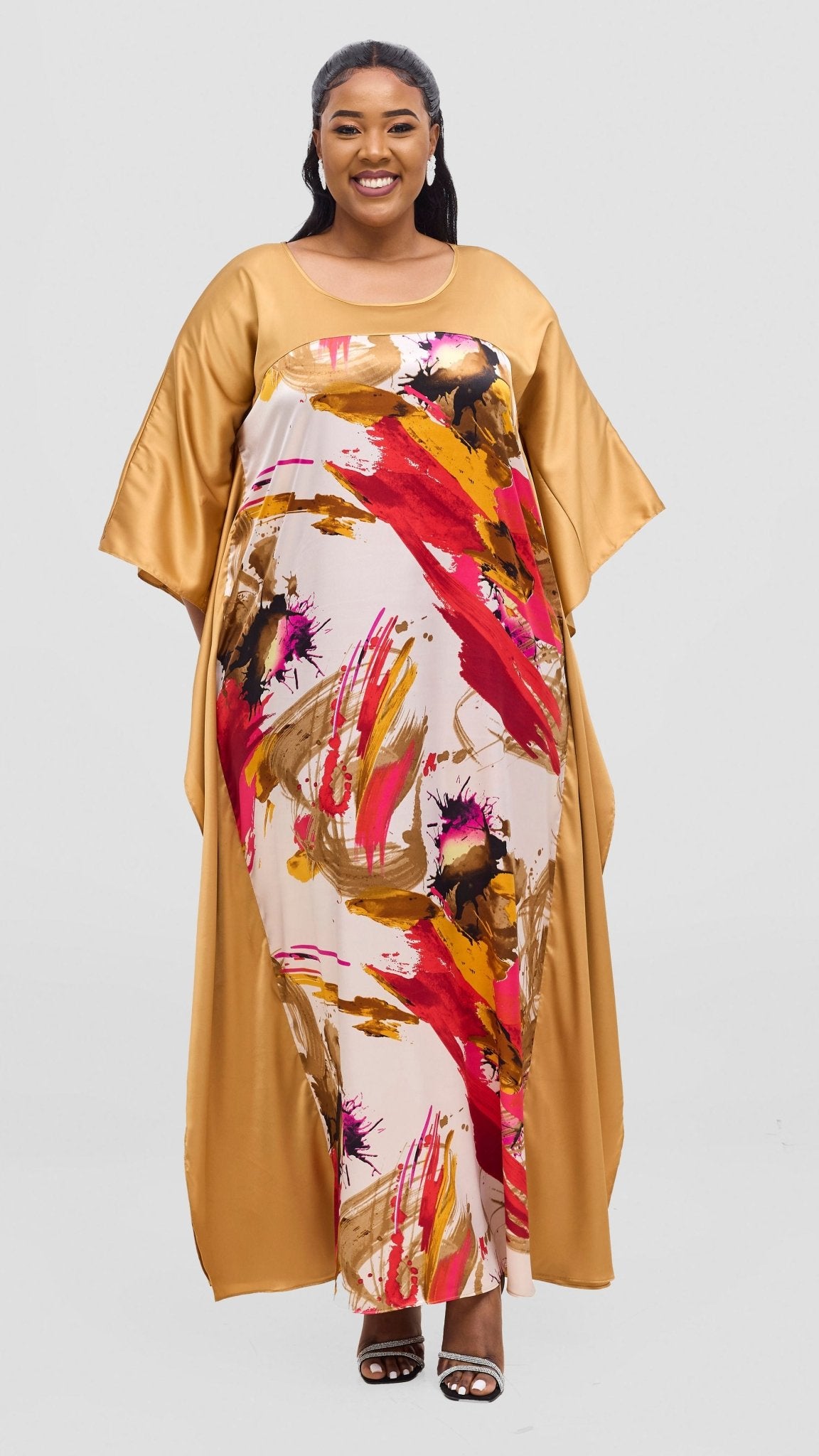 Vivo Keza Satin Border Maxi Kaftan - Mustard / Red Print - Shopzetu