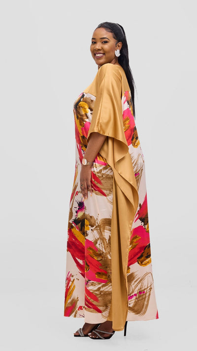 Vivo Keza Satin Border Maxi Kaftan - Mustard / Red Print - Shopzetu