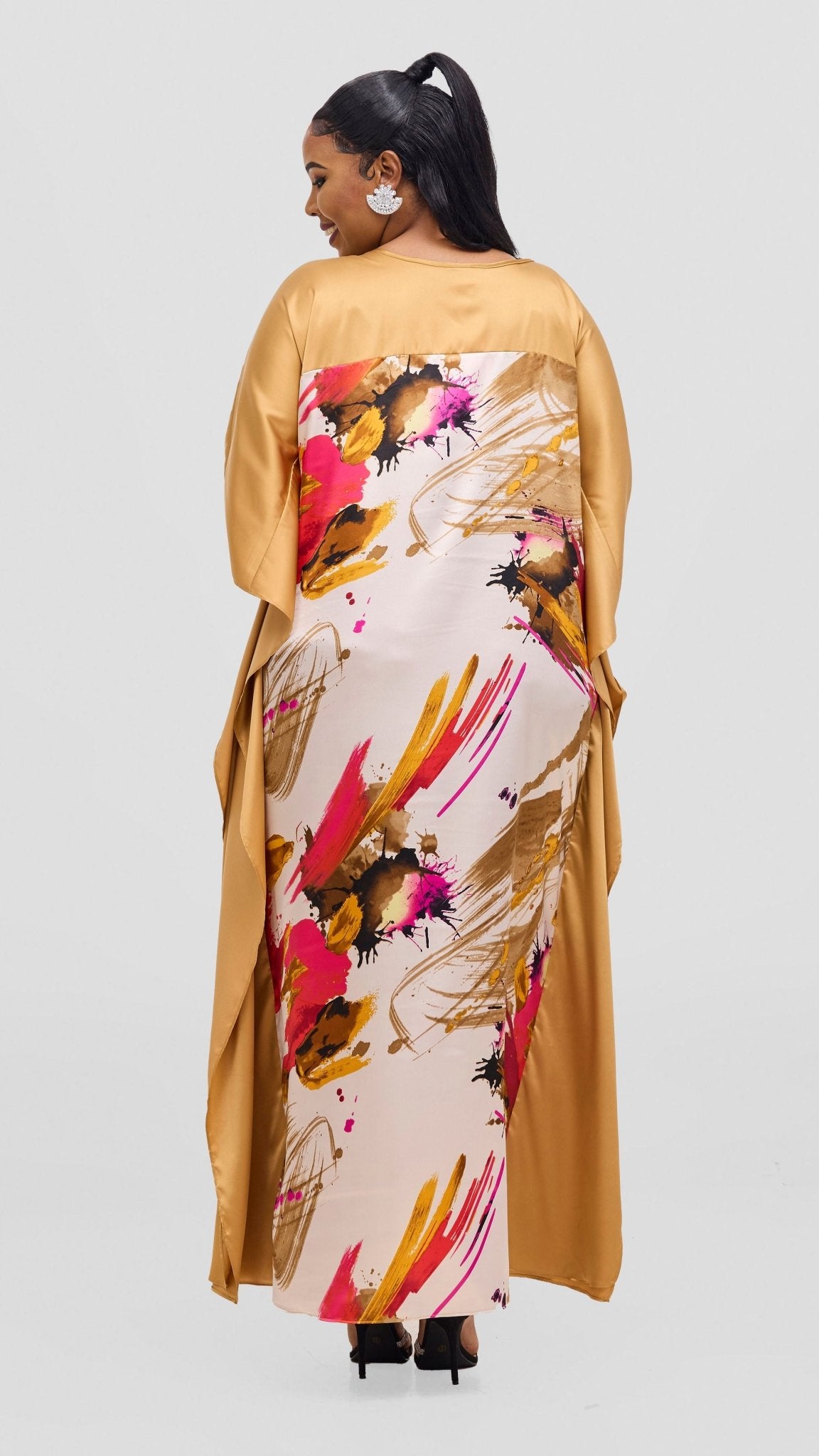 Vivo Keza Satin Border Maxi Kaftan - Mustard / Red Print - Shopzetu