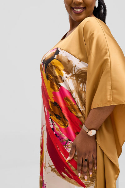 Vivo Keza Satin Border Maxi Kaftan - Mustard / Red Print - Shopzetu