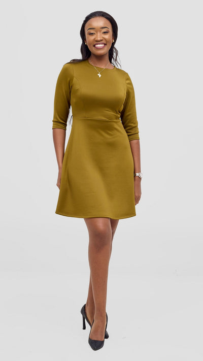 Vivo Diella 3/4 Sleeve A - Line Dress - Dark Olive - Shopzetu