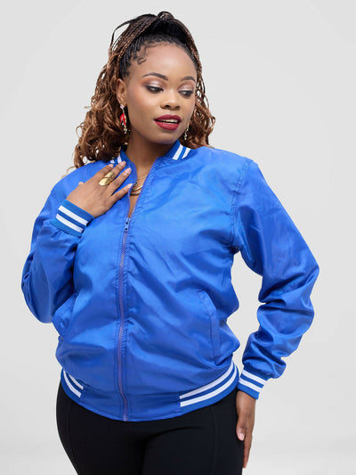 Timyt Urban Wear Urban Monarch White Ribbed Cuffs,Collar, And Hem Bomber Jacket - Blue - Shopzetu