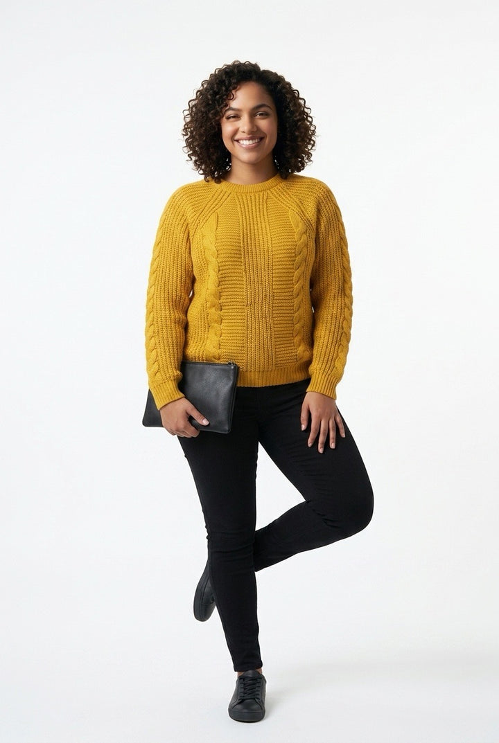 Stylish Sisters Cable Knit Crewneck Sweater - Mustard Yellow