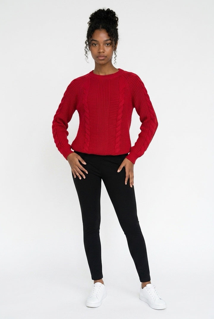 Stylish Sisters Cable Knit Crewneck Sweater - Maroon