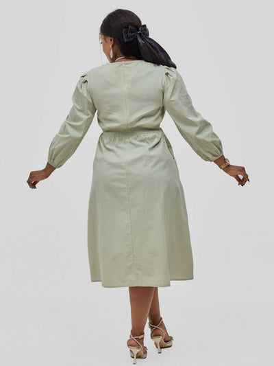 Hessed Round Neck Aline Long Sleeved Dress - Green - Shopzetu