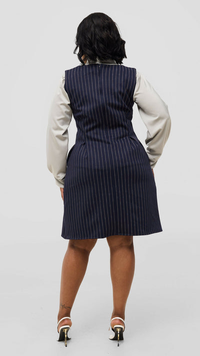 Silk House Collection Curvy Plus Size Amara Dress - Navy Blue Pinstripe