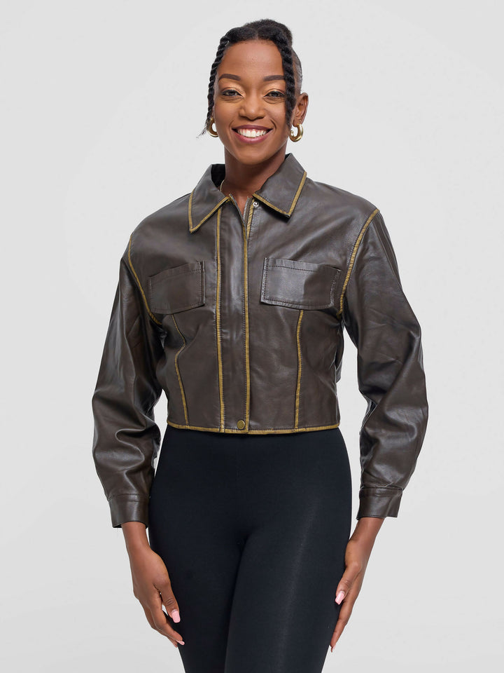 Stylish Sisters Leather Jacket - Dark Brown - Shopzetu