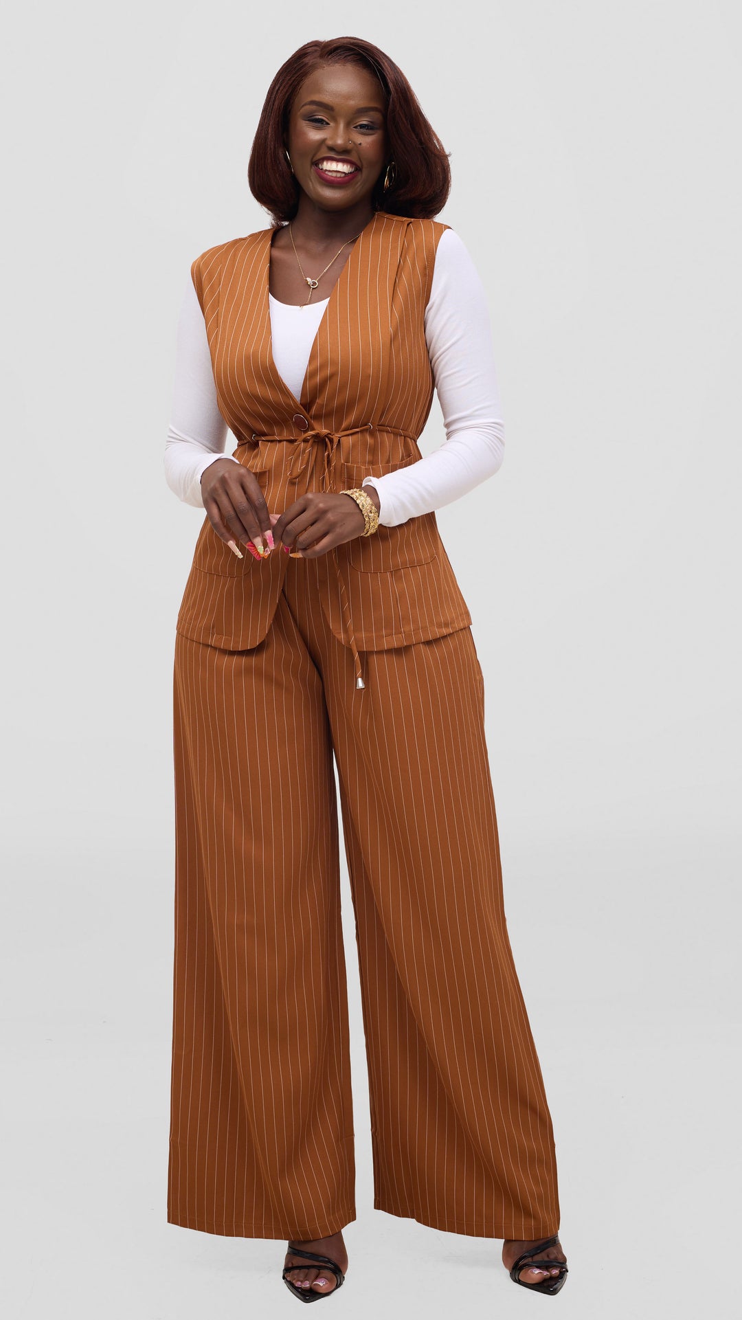 SAMA House Pinstripe Waist Coat & Wide-Leg Trouser Set - Brown