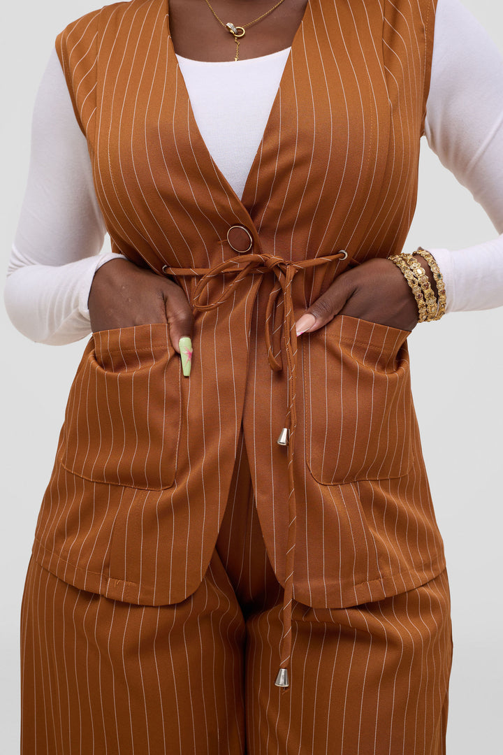 SAMA House Pinstripe Waist Coat & Wide-Leg Trouser Set - Brown