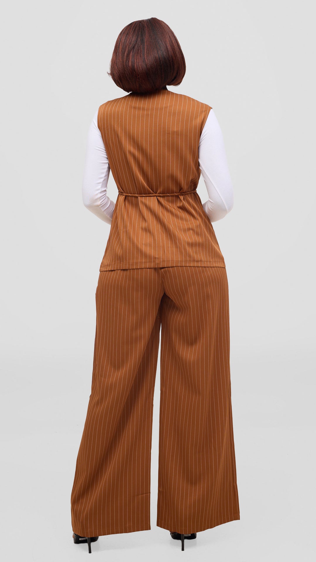 SAMA House Pinstripe Waist Coat & Wide-Leg Trouser Set - Brown