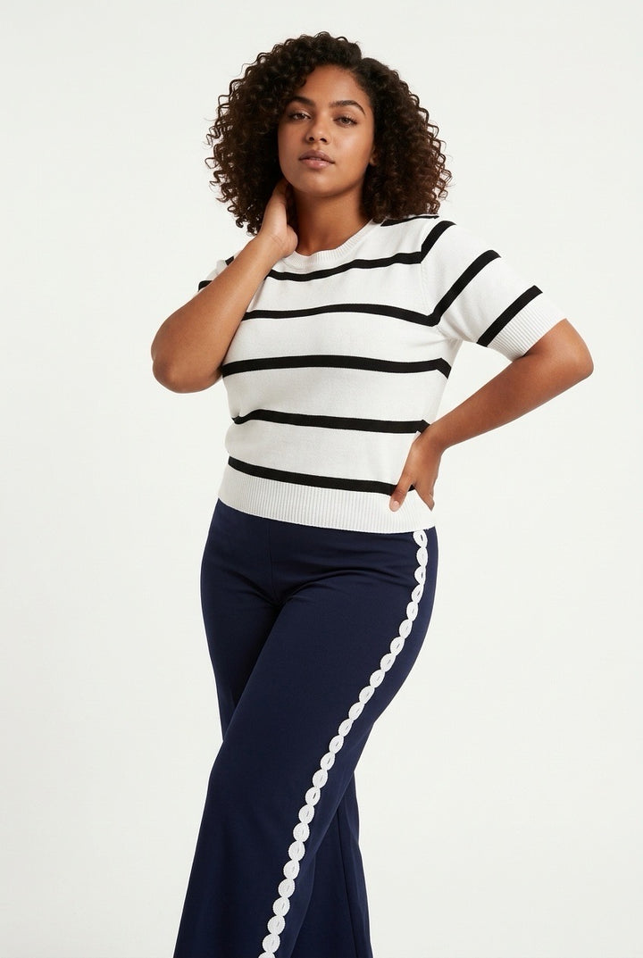 Stylish Sisters Striped Short-Sleeve Knit Sweater Tee - White / Black