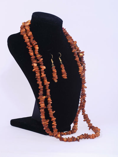Double Layered Ceramic Beads Necklace Set - Brown - Shopzetu
