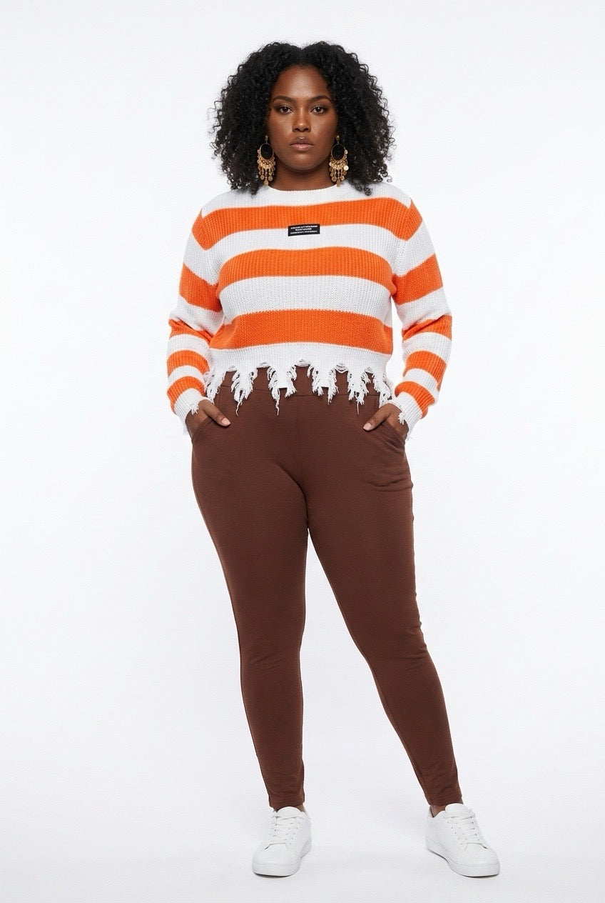 Stylish Sisters Distressed Frayed Hem Pullover Knit Sweater Top - White / Orange