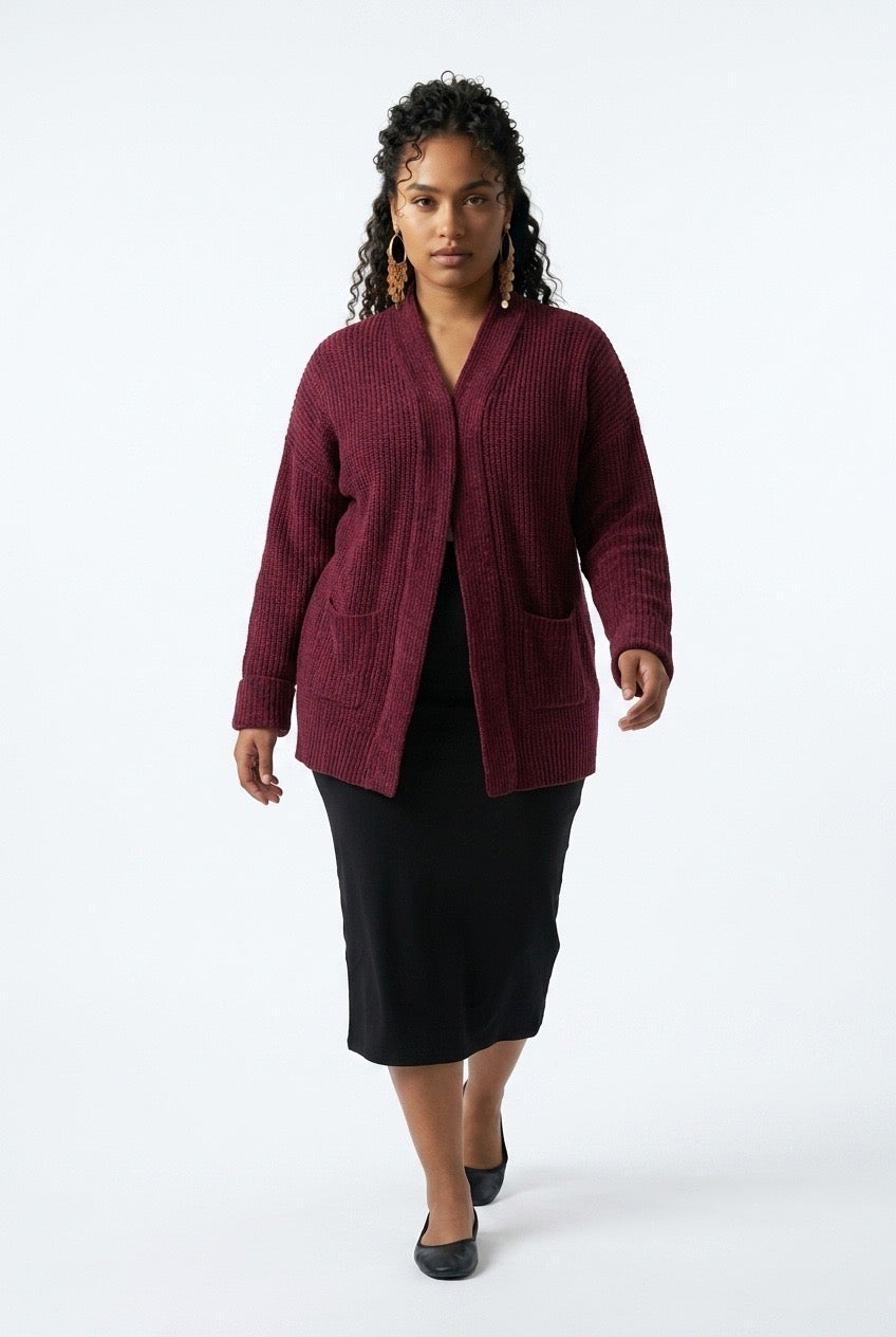Stylish Sisters Women’s Ribbed Open-Front Shawl Collar Cardigan - Maroon