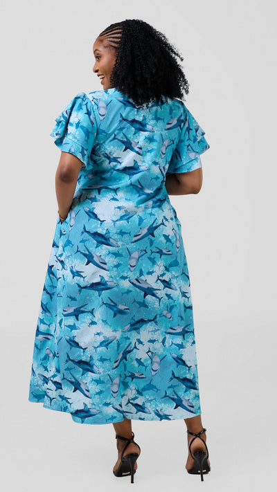 Mariste Shark Print Button-Down Dress - Deep Sea Blue