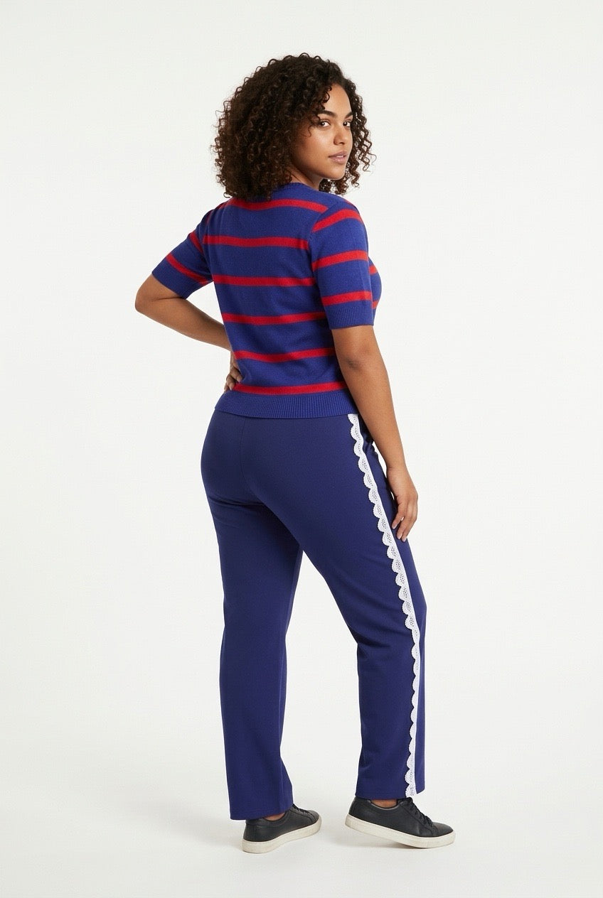 Stylish Sisters Striped Short-Sleeve Knit Sweater Tee - Blue /  Red