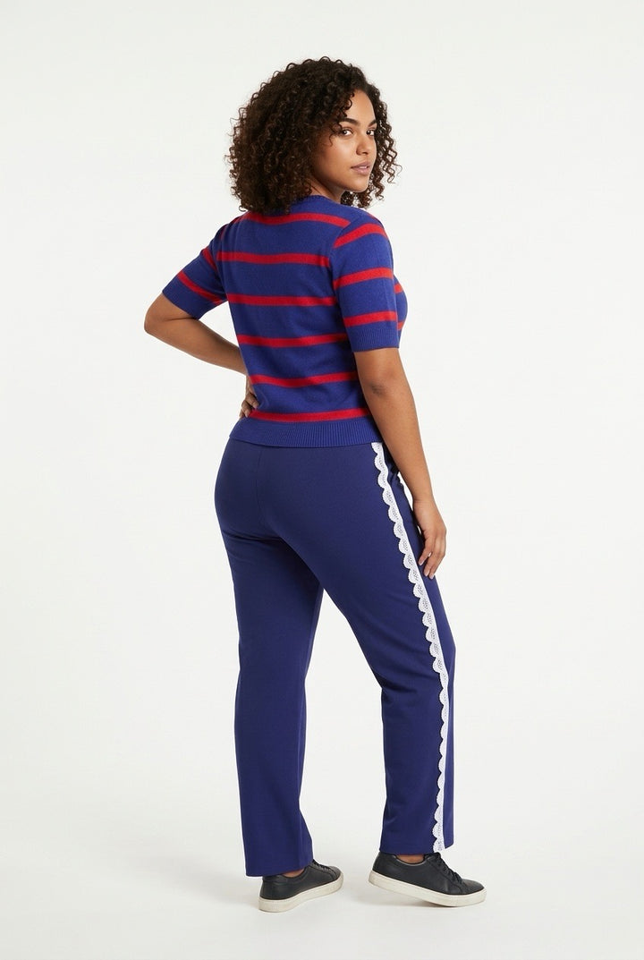 Stylish Sisters Striped Short-Sleeve Knit Sweater Tee - Blue /  Red