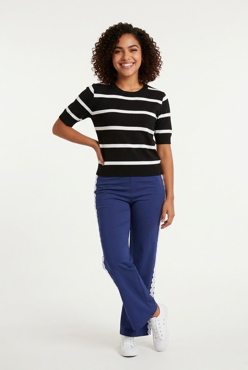 Stylish Sisters Striped Short-Sleeve Knit Sweater Tee - Black / White
