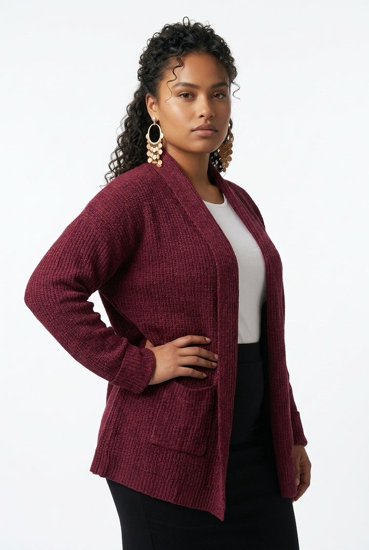 Stylish Sisters Women’s Ribbed Open-Front Shawl Collar Cardigan - Maroon