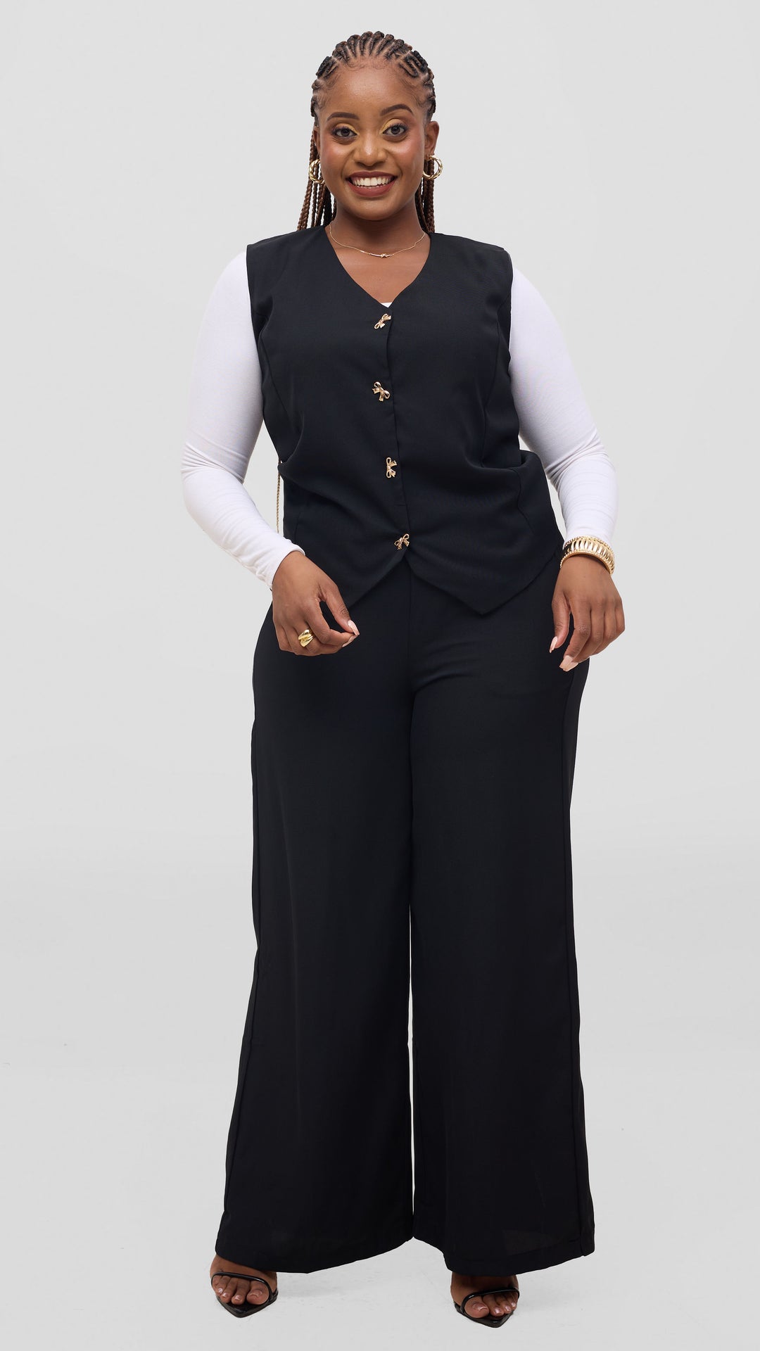 SAMA House Essential Plain Vest & Wide-Leg Suit Set - Black