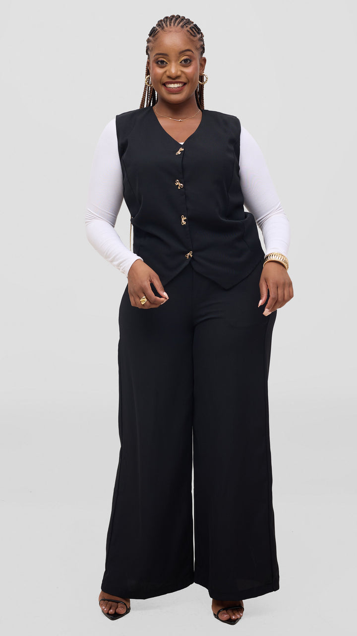 SAMA House Essential Plain Vest & Wide-Leg Suit Set - Black