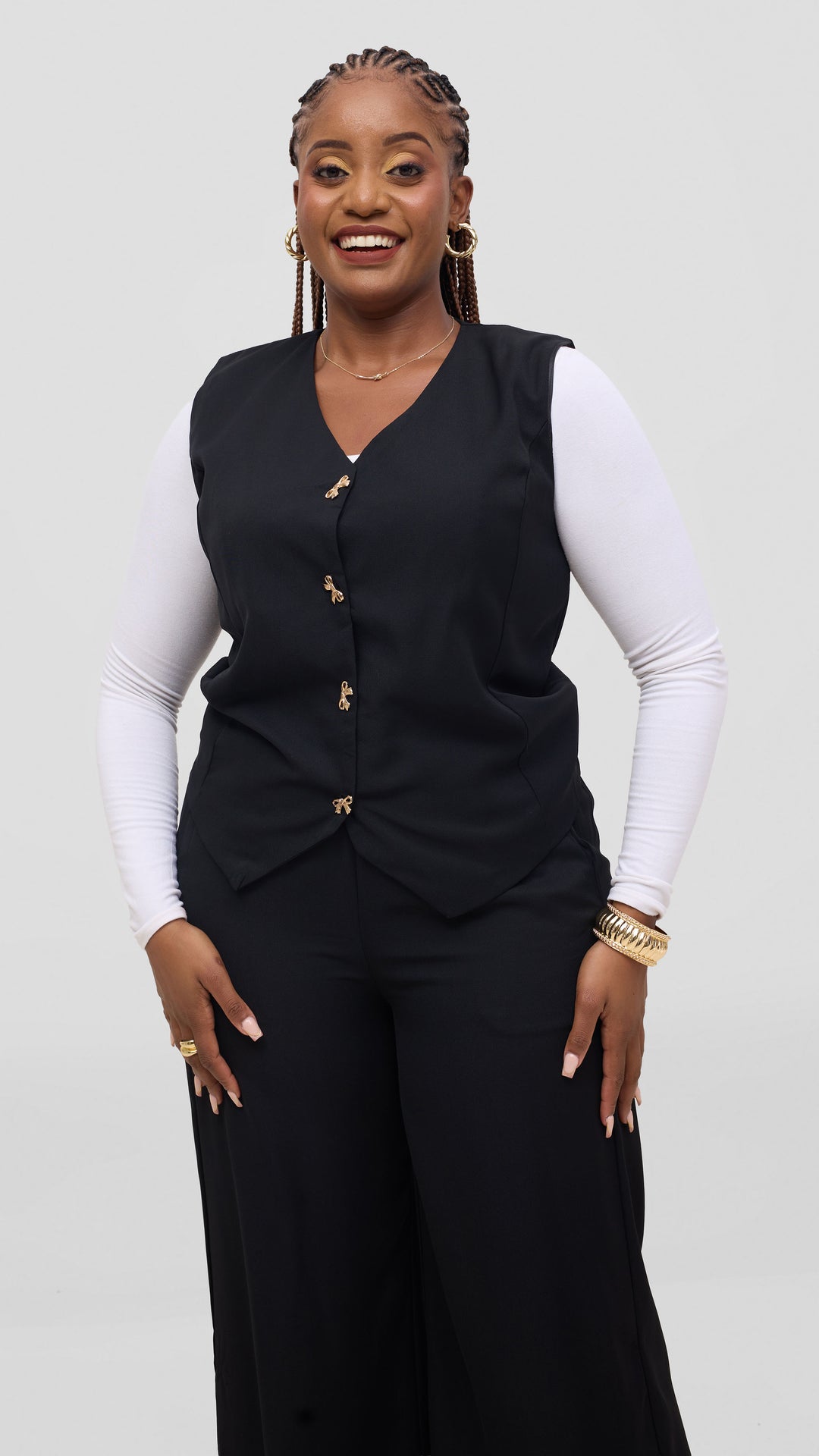 SAMA House Essential Plain Vest & Wide-Leg Suit Set - Black