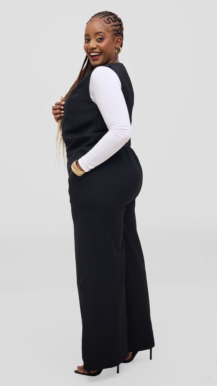 SAMA House Essential Plain Vest & Wide-Leg Suit Set - Black