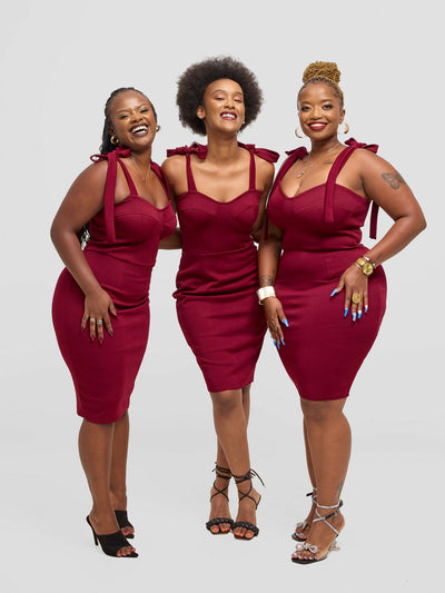 Elsie Glamour Valentina Knot Tie Dress - Burgundy - Shopzetu