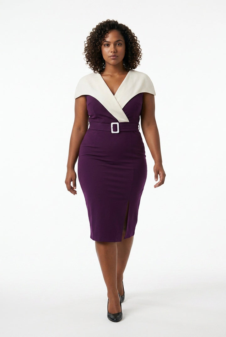 Stylish Sisters V-Neck Belted Midi Pencil Dress - Purple / White