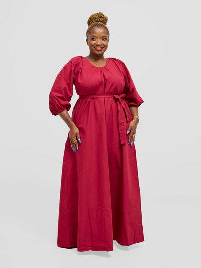 Eyane Africa Upeo Puff Sleeve Dress - Maroon - Shopzetu