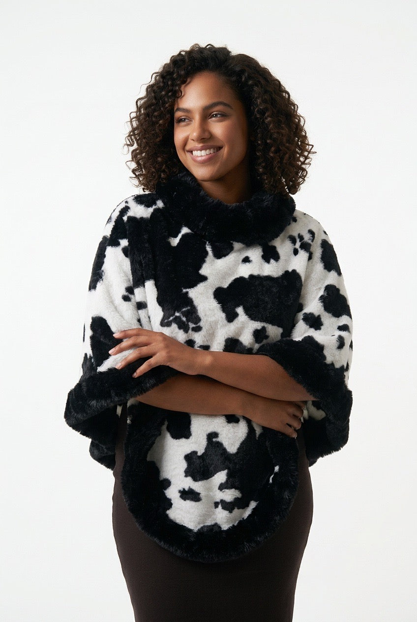Stylish Sisters Faux Fur-Trimmed Cable Knit Poncho Sweater - Black / White