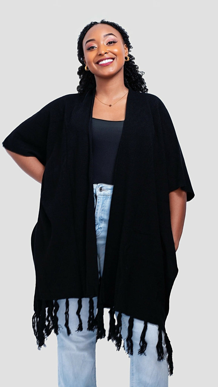 The Fashion Frenzy Fringed Acrylic Shawl - Black - Shopzetu