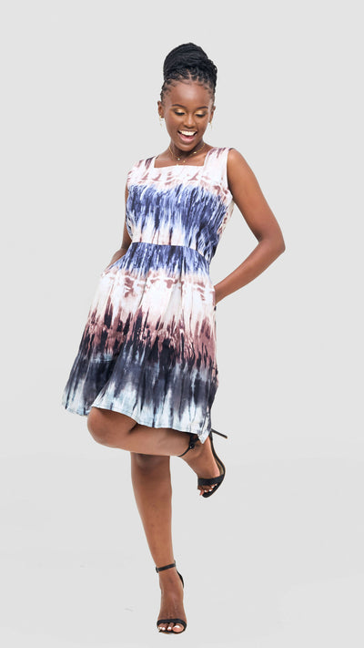 The Fashion Frenzy Amani Tie-Dye Cotton Box Neck Dress - Cream